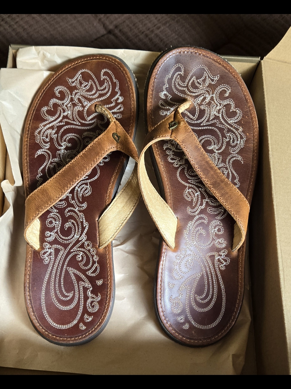 Olukai Paniolo Leather Flip Flops with Embroidered Footbed - Picture 2 of 13